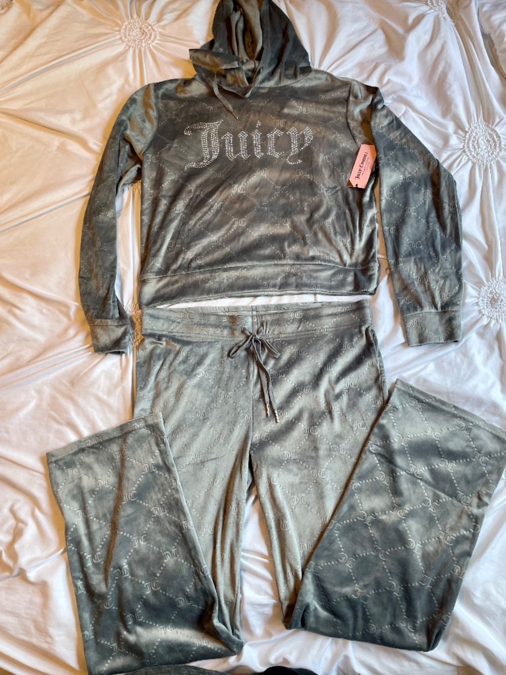 NWT Juicy Couture 9188-47 Gray Velour Rhinestone Bling Tracksuit Set Large